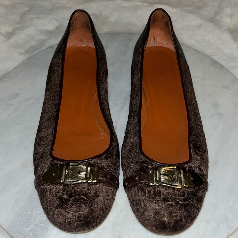 ❤️💚Authentic Gucci leather/Fabric Rich Velvet Gold Horsebit Ballet Flats❤️💚 - Picture 5 of 13